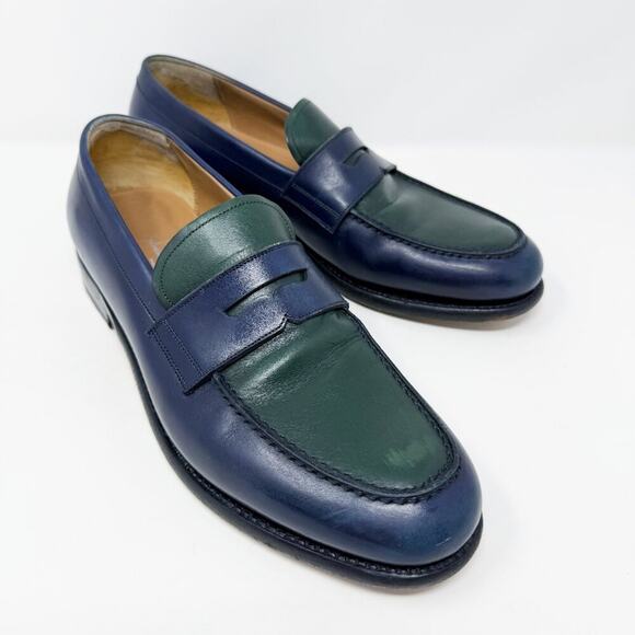 Salvatore Ferragamo Navy & Dark Green Color Block Leather Penny Loafers Size 8EE - Picture 2 of 12